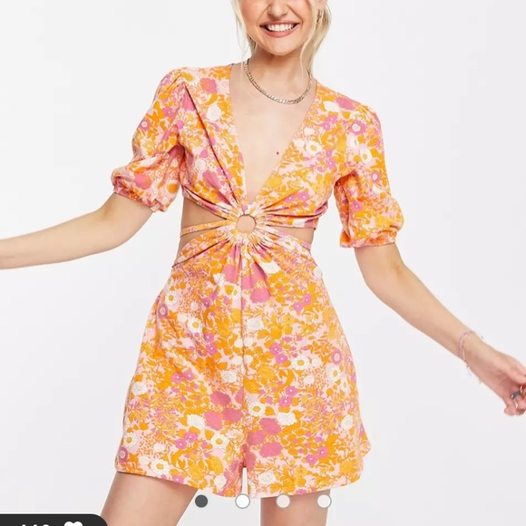 ASOS Pants - ASOS DESIGN ring detail puff sleeve romper in retro pink floral print